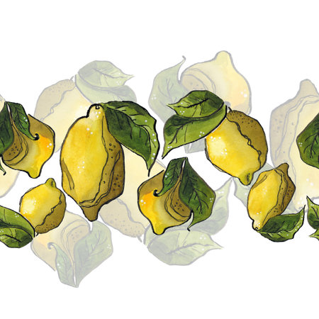 Seamless border of lemons and green leaves. Hand drawn illustration with watercolor and ink. Pattern for fabric, paper, tape, cards, invitations, packaging. fruits, citrus, frameの写真素材