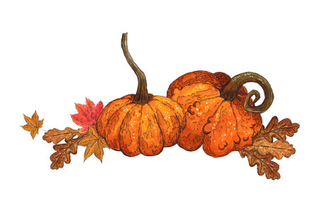 Autumn composition of leaves and pumpkins. Watercolor illustration hand drawn. Drawing for stickers, poster, scrapbooking. Autumn, harvest, maple leaf, pumpkin, orangeの写真素材