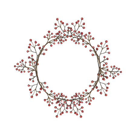 Wreath of branches with berries. Hand drawn illustration with watercolor and ink. Drawing for poster, print, scrapbooking. Autumn, harvest, foodの写真素材