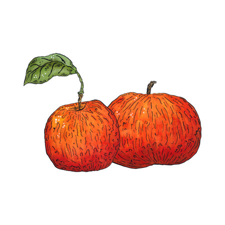 Bright, autumn composition of red apples. Illustration hand-drawn with watercolor and ink. Drawing for poster, print, scrapbooking. Autumn, harvest, fruits, food, diet, vitaminsの写真素材