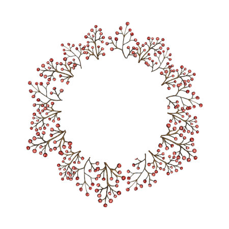 Round frame of branches with berries. Hand drawn illustration with watercolor and ink. Drawing for poster, print, scrapbooking. Autumn, harvest, vitaminsの写真素材