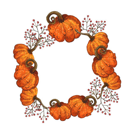 Frame of orange pumpkins and branches with berries. Hand drawn illustration with watercolor and ink. Drawing for poster, print, scrapbooking. Autumn, harvest, vegetables, dietの写真素材