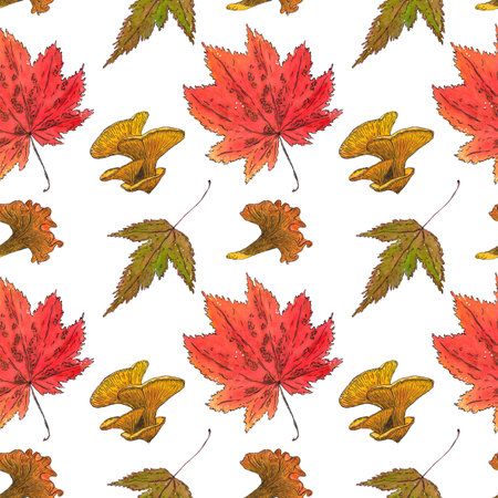 Seamless pattern of maple leaves and tree mushrooms. Hand drawn illustration with watercolor and ink. Drawing for poster, tableware, postcards, scrapbooking. Autumn, tree, vegetablesの写真素材