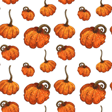 Seamless pattern of pumpkins. Hand drawn illustration with watercolor and ink. Drawing for printing on fabric, paper, scrapbooking. Autumn, harvest, vegetables, food, vitaminsの写真素材