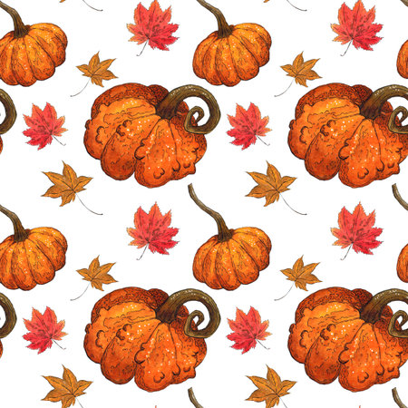 Seamless pattern of pumpkins and maple leaves. Hand drawn illustration with watercolor and ink. Drawing for printing on fabric, paper, scrapbooking. Autumn, harvest, vegetables, foodの写真素材
