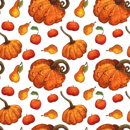 Seamless pattern of pumpkins, pears and apples. Hand drawn illustration with watercolor and ink. Drawing for printing on fabric, paper, scrapbooking. Autumn, harvest, vegetables, foodの写真素材
