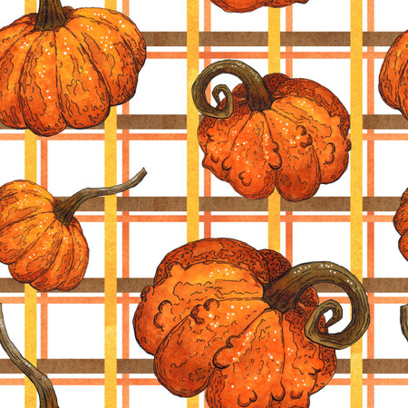 Seamless pattern of pumpkins on a checkered background. Hand drawn illustration with watercolor and ink. Drawing for printing on fabric, paper, scrapbooking. Autumn, harvest, food, dietの写真素材