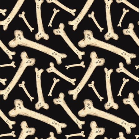 Seamless pattern with bones on a dark background. Halloween holiday. Hand drawn watercolor illustration. Drawing for paper, textiles, invitations. animal, night, october, holidayの写真素材