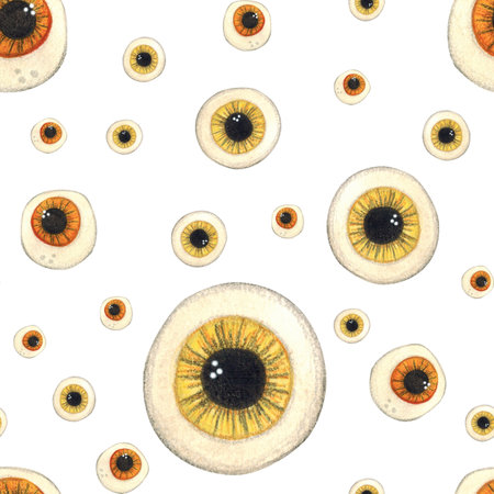 Seamless pattern for Halloween from eyeballs of different sizes in yellow and orange colors. Watercolor illustration hand drawn, cartoon. Drawing for ribbons, invitations, bannerの写真素材
