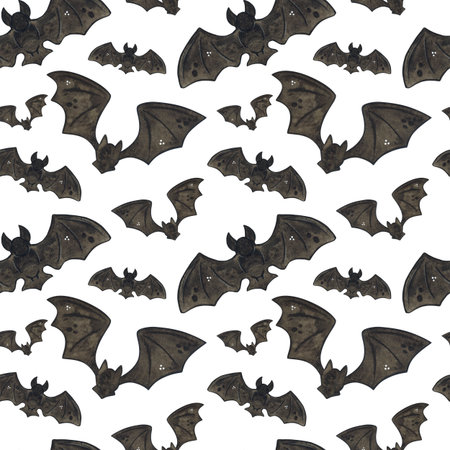 Seamless pattern with black bats. Halloween holiday. Watercolor illustration hand drawn. Drawing for paper, textile, invitations. Animal, night, octoberの写真素材
