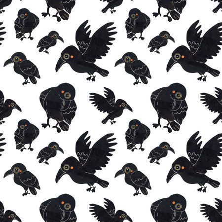 Seamless pattern of different black ravens. Halloween holiday. Watercolor illustration hand drawn. Drawing for paper, textile, invitations. Raven, crow, night, Octoberの写真素材
