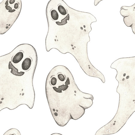 Seamless pattern for halloween from ghosts. Watercolor illustration hand drawn, cartoon. Drawing for ribbons, invitations, banner. October, halloween, holiday, ghost, funの写真素材