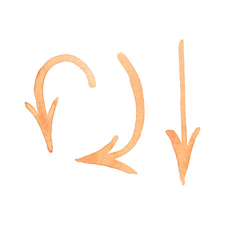 Set of orange arrows in different directions on. Watercolor illustration drawn by hand. Drawing for stickers, scrapbooking, journaling. Pointer, arrow, direction, path, moverの写真素材