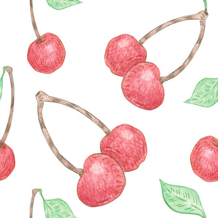 Seamless pattern of red cherries and green leaves. Hand-drawn illustration with colored pencils. Design for fabric, cards, menus, cookbooks, and textilesの写真素材