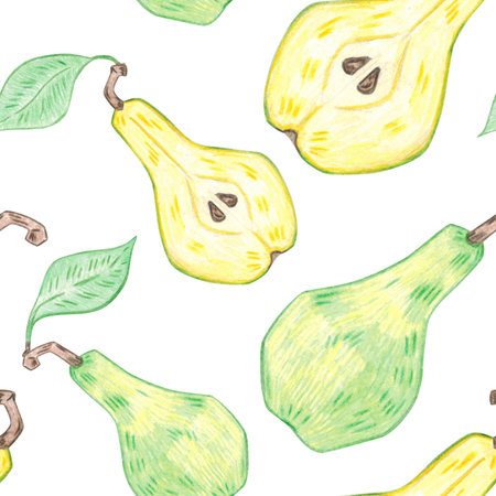 Seamless pattern of green pears and a half with a leaf. Hand-drawn illustration with colored...