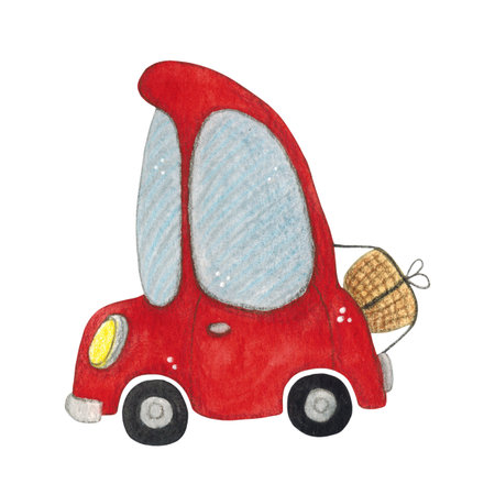 A little red car with a picnic basket, cartoon style. Hand-drawn watercolor illustration. Design suitable for stickers, fabric prints, paper, and books. Car, isolated, children, kidsの写真素材