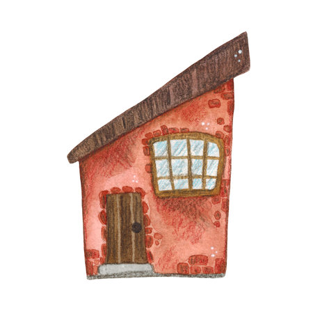 Red one-story brick house, cartoon. Hand-drawn watercolor illustration. Design suitable for stickers, prints on fabric, paper, and books. Building, isolated, children, kids, game, cityの写真素材