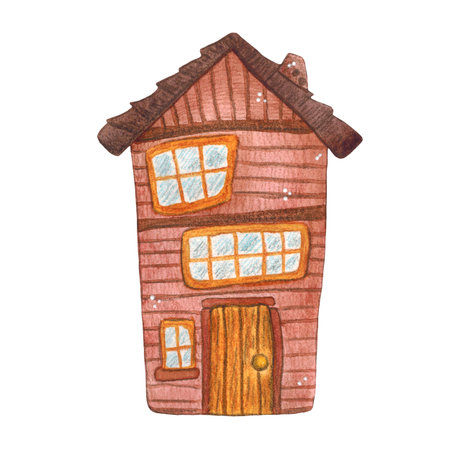 Brown wooden house, cartoon. Hand-drawn watercolor illustration. Design suitable for stickers, prints on fabric, paper, and books. Building, isolated, children, kids, game, cityの写真素材