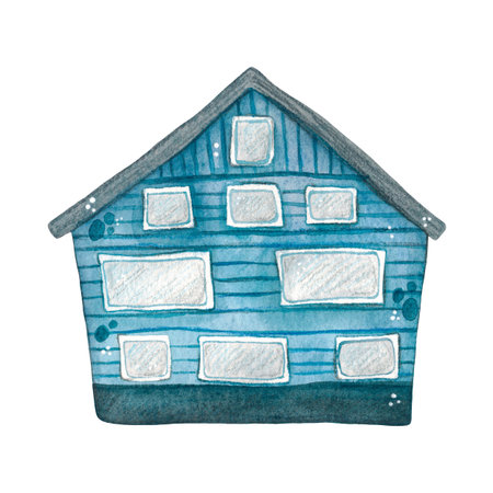 Blue wooden house, cartoon. Hand-drawn watercolor illustration. Design suitable for stickers, prints on fabric, paper, and books. Building, isolated, children, kids, game, city, villageの写真素材