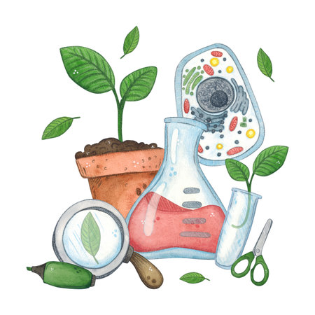 A composition of a flower pot with a young plant, flasks, test tubes, cells, and tools. Hand-drawn watercolor illustration, cartoonish. Science, festival, laboratory, solutionの写真素材