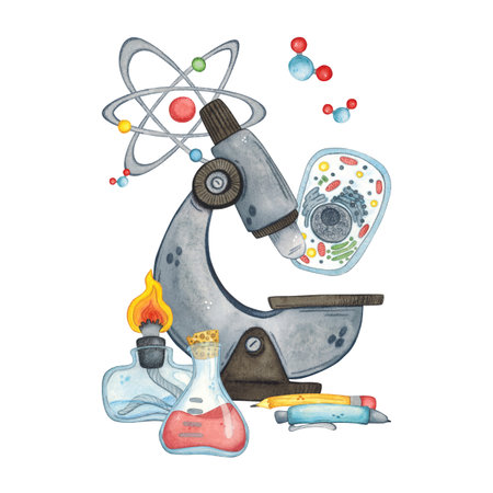 A scientific composition featuring a microscope, spirit lamp, flask, cell, molecules, and atoms. Hand-drawn watercolor illustration, cartoonish. Science, festival, laboratory, chemistryの写真素材