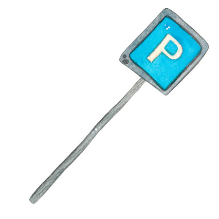 Road sign, blue square, parking. Hand-drawn watercolor illustration, cartoon. Town, game, children, child, car, transport, auto, automobile, road signの写真素材