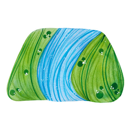 A stylized, cartoon green meadow and blue river. Hand-drawn watercolor illustration. Suitable for scrapbooking, cards, and childrens construction kits. Travel, adventure, natureの写真素材