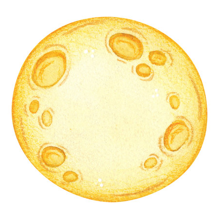 A round, full yellow moon. Hand-drawn watercolor illustration, cartoon. Design for scrapbooking,...