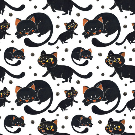 Seamless pattern of different black cats among black dots. Halloween holiday. Watercolor illustration hand drawn. Drawing for paper, textile, invitations. Cat, night, octoberの写真素材