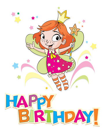 Fairy with a magic wand, congratulation birthdayのイラスト素材