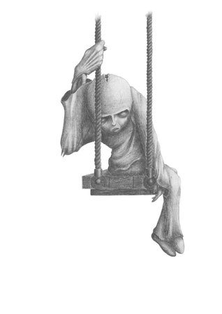 grim picture of dead dolls, sitting on a swingの写真素材