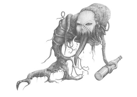 Figure terrible creature with a bottle of alcohol in the tentaclesの写真素材