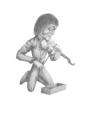 image of a dead fiddler, kneeling and playing on his violinの写真素材