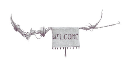 welcome sign, hanging on a strange dangerous mechanismの写真素材