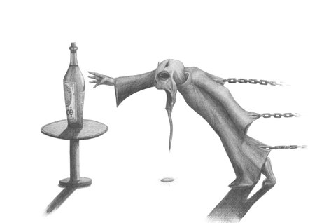 Bound by chains of hell monster reaches for a bottle alcoholの写真素材