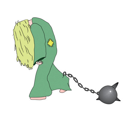 Picture walking with his head down, women with a chain on his legのイラスト素材