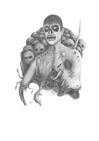 black and white pencil drawing Lord of Darkness with army zombiesの写真素材