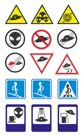 A set of UFO road signs. Modern flat vector collection icons. Part 2のイラスト素材