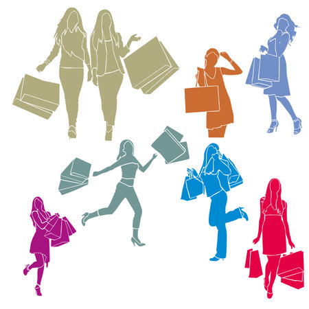 Set of vector illustrations of fashionable girls with packages. Shopping, sales and gifts, bringing joyのイラスト素材