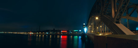 Bolsheokhtinsky bridge in St. Petersburg. Night landscape.のeditorial素材