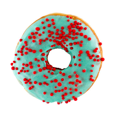 Blue donut sprinkled with red balls isolated on white backgroundの写真素材