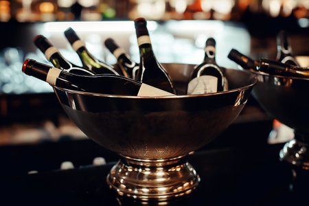 Many bottles of wine in the metal bowl close-upの写真素材
