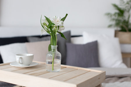 Bedroom interior with small table on bedの写真素材