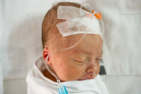 Newborn baby sleeping on a drip in a hospitalの写真素材