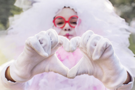 Girl in carnival costume makes heart from fingersの写真素材