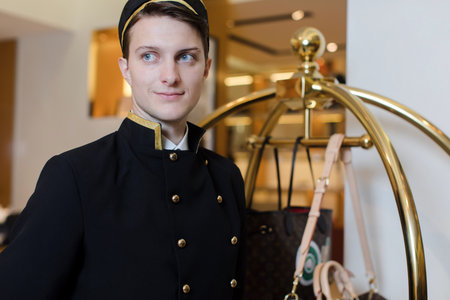 Young man in uniform serving in hotelの写真素材