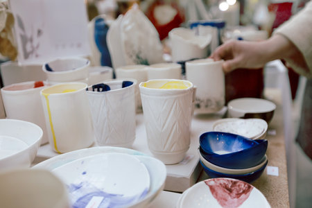 Table with artisan handmade utensil and crockery with creative ornaments composed together.の写真素材