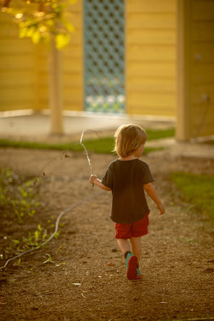 Back view of little kid strolling on path in sunset light playing with twig and looking asideの写真素材
