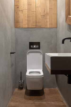 Contemporary interior design of clean light small narrow restroom with white square toilet bowl and...