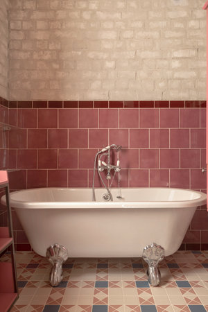 Classic while bathtub with chrome shower head and water tap mounted on red tile wall in bathroomの写真素材